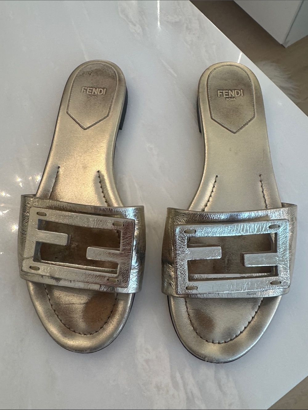 Fendi Silver Gold Logo Buckle Slide Mules